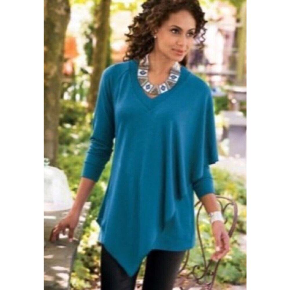Soft Surroundings Madison Cape‎ V-Neck Sweater Teal Blue Size XS Petite